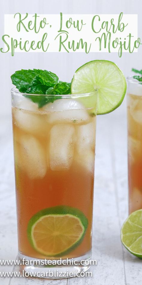 This Low Carb, Keto Spiced Rum Mojito is a sugar-free, snappy take on the traditional Cuban cocktail. While a regular mojito can add up to 50 carbs (or more), this Keto Mojito is less than two carbs! You can't go wrong with dark spiced rum, tangy lime juice and fresh mint leaves. | www.farmsteadchic.com | #ketococktail #lowcarbcocktail #mojito #ketomojito #lowcarbmojito #farmsteadchic #darkrummojito #spicedrummojito Low Carb Zucchini Fries, Carbs In Fruit, Ice Beer, Low Carb Cocktails, Keto Cocktails, Low Carb Drinks, Low Carb Meal Plan, Monk Fruit, Fresh Drinks