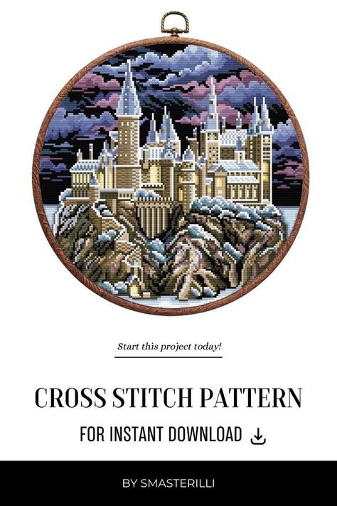 Embark on a magical stitching adventure with the Hogwarts Castle Cross Stitch Pattern PDF by Smasterilli. This enchanting pattern features the iconic palace on a beautiful sunset landscape, capturing the essence of the beloved wizarding world of Harry Potter. Available as a digital download, you can begin your cross-stitching journey right away. Castle Cross Stitch Pattern, Castle Embroidery, Sunset Embroidery, Castle Cross Stitch, Embroidery Ornament, Winter Castle, Embroidery Ornaments, Enchanted Castle, Magic Castle