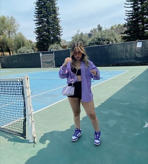 Outfit inspo Purple Nike Dunks Outfit, Purple Outfit Summer, Purple Dunks Outfit, Purple Sneakers Outfit, Purple Jordans Outfit, Outfits With Air Jordans, Purple Shoes Outfit, Purple Jordans, Nike Dunks Outfit