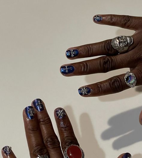 Short Nail Designs Maximalist, Concert Nails Short, Short Funky Nail Ideas, Blue Nails Men, Nail Designs For Really Short Nails, Maximalist Short Nails, Short Nail Designs Grunge, Short Nail Designs Men, Short Nails Men