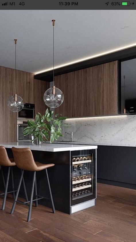 Wine Fridge Kitchen Island, Dark Kitchen Ideas Modern, Modern Kitchen Bar Design, Wine Fridge Island, Kitchen Island With Wine Fridge, Wine Fridge In Kitchen, Wine Fridge Ideas, Dark Wood Kitchen Ideas, Wine Fridge Kitchen