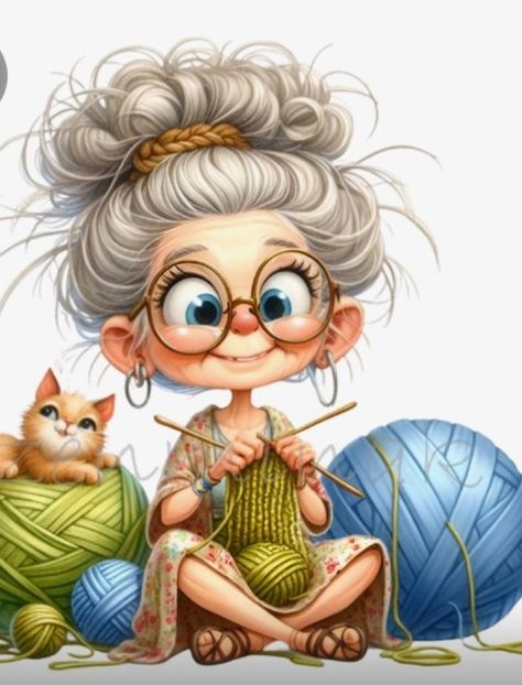 Lady Art Drawing, Crochet Drawing Illustration, Grandma Drawing Character Design, Crocheting Illustration, Cute Grandma Drawing, Grandma Drawing, Crochet Illustration, Crochet Clipart, Knitting Cartoon