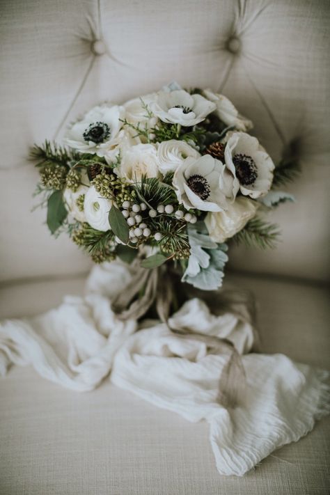 Panda Anemone Bouquets Panda Anemone, Emerald Wedding Colors, Evergreen Wedding, Spring Wedding Photos, Anemone Bouquet, Early Spring Wedding, Evergreen Flowers, White Wedding Decorations, Christmas Bouquet