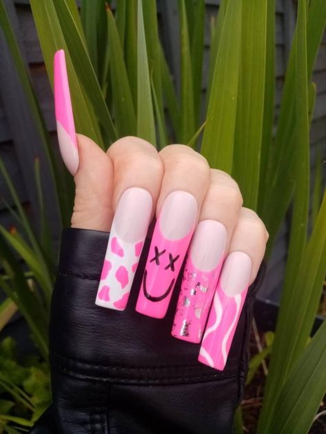 Cow Print Nails French Tip, Hot Pink Cow Print Nails, Square Nails With Stiletto Pinky, Xxl Square Nails, Hot Pink Cow Print, Pink Cow Print Nails, Cow Print Nails, Pink French Tip, Pink Cow Print