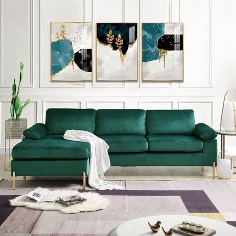 Willa Arlo Interiors Don 101.2" Wide Velvet Reversible Sofa & Chaise & Reviews | Wayfair Velvet Sectional Sofa, Velvet Sectional, Sectional Sofa With Chaise, Modern Elements, Upholstered Sectional, Velvet Upholstery, Velvet Sofa, Brass Gold, Chaise Sofa