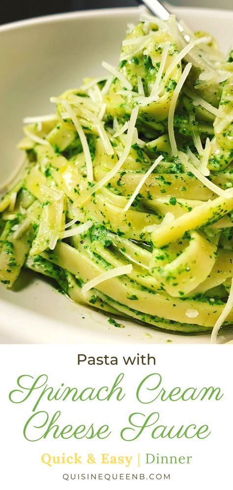 Pasta with Spinach Cream Cheese Sauce | Quisine Queen B Spinach And Cream Cheese Pasta, Spinach Cream Pasta, Pasta With Cream Cheese Sauce, Spinach Sauce For Pasta, Easy Cream Cheese Pasta, Cream Cheese Pasta Sauce, Spinach Pasta Sauce, Green Pasta Sauce, Prep Dinners