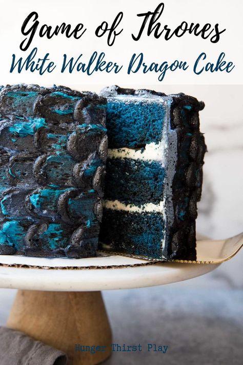 The ultimate Game of Thrones recipe for your new season GoT party! This White Walker Dragon Cake is a layers of blue velvet and american buttercream for a delicious and fun game of thrones party dessert! #gameofthrones #whitewalkers #gameofthronesparty via @hungrthirstplay White Walker Dragon, Cake Dragon, Game Of Thrones Food, Game Of Thrones Cake, Rock Cakes, Blue Velvet Cakes, Children Cake, American Buttercream, Bolo Red Velvet