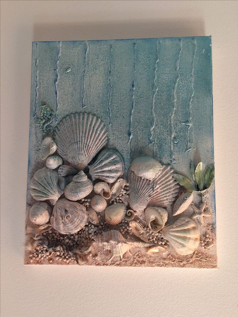 Sea Shell Painting On Canvas, Shell Art On Canvas, Shells On Canvas, Shell Canvas Art, Seashell Art Diy, Art Coquillage, Seashell Wall Art, Mixed Media Art Canvas, Seashell Painting