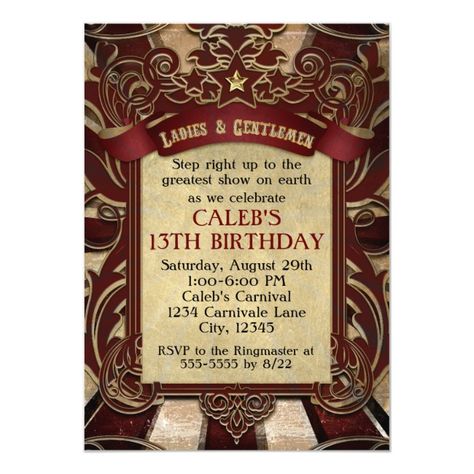 Vintage Circus Carnival Elegant Wedding Invitation #wedding #elegant #birthday #cirque #bridal #affiliatelink #promo #carnivalbirthday #carnivalparty #carnivaltheme #carnivalpartyinvitations #zazzle #birthdayideas #birthdaypartythemes Carnival Theme Birthday Party, Burgundy Birthday, Brunch Invites, Circus Themed Birthday Party, Carnival Aesthetic, Carnival Birthday Party Ideas, Circus Invitations, Elegant Save The Date, Carnival Birthday Party