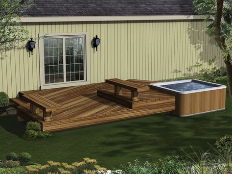 Ground Level Deck Plans, Hot Tub Deck Design, Spa Deck, Backyard Decks, Ground Level Deck, Platform Deck, Deck Plan, Gazebo On Deck, Spa Area