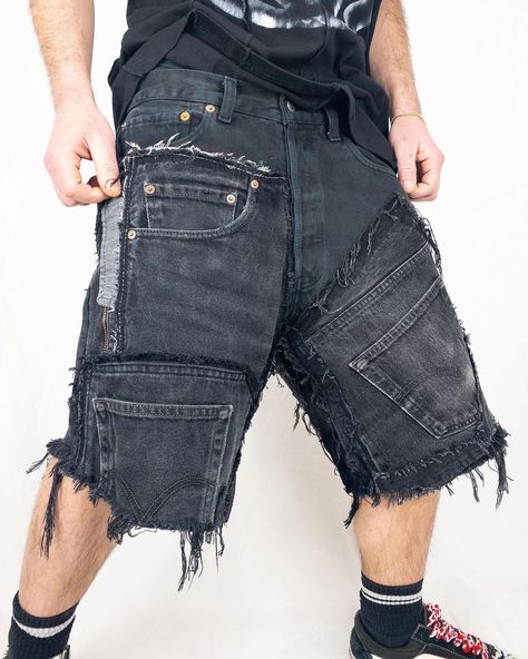 Reworked Jeans Men, Jeans To Shorts Diy, Distressed Punk Style Shorts For Streetwear, Punk Denim Shorts For Streetwear, Distressed Recycled Denim Bottoms For Streetwear, Streetwear Reworked Denim Jeans, Streetwear Bottoms With Patches In Recycled Denim, Diy Jean Shorts, Punk Shorts