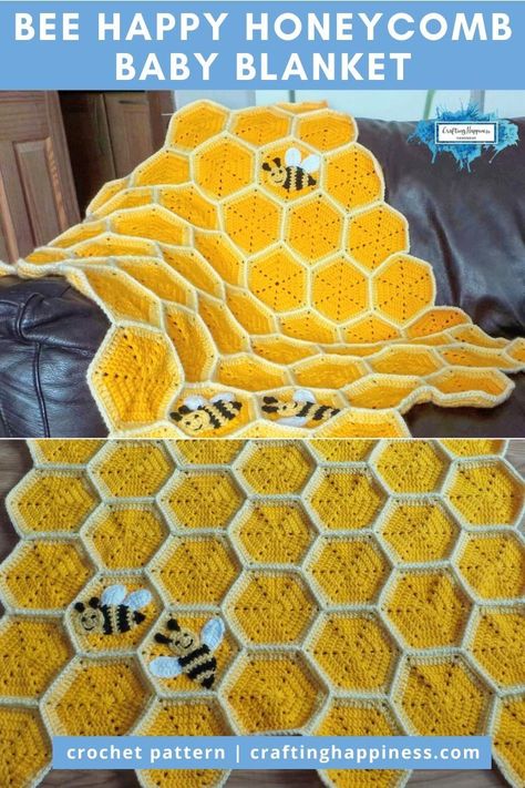 Bee Happy Honeycomb Baby Blanket is a beautiful baby afghan for your little one. Make it as big or small as you like. Easy crochet pattern by Crafting Happiness #crochetblankets #crochetafghans #crochetstitches #crochetpatterns #freecrochetpatterns #crochetforbaby #crochetprojects #crochetbaby #babyblankets #stitchesforblankets Crochet Honeycomb, Honeycomb Blanket, Crochet Unique, Crochet Bee, Crochet Hexagon, Kawaii Crochet, Crochet Clothes For Women, Haken Baby, Manta Crochet