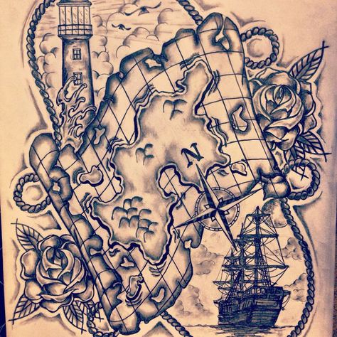 Tattoo Sleeve Nautical, Pirate Map Tattoo, Nautical Sleeve, Map Tattoo, Pirate Tattoo, Tattoo Old School, Map Tattoos, Thigh Piece, Theme Tattoo