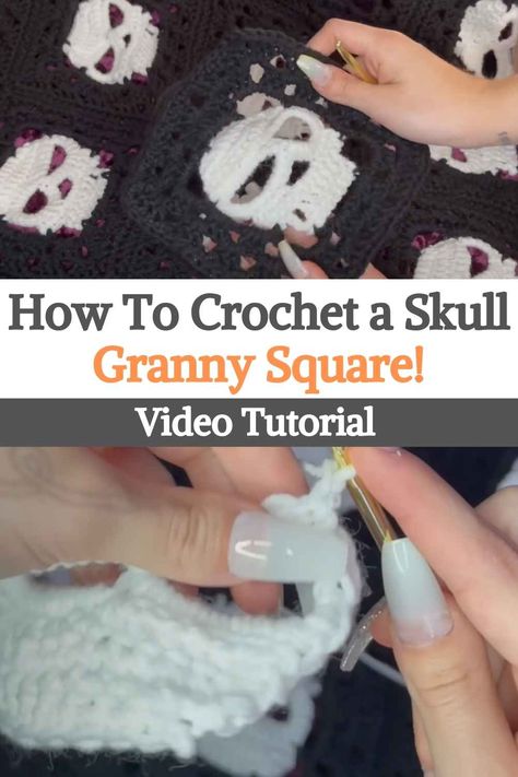 How To Crochet a Skull Granny Square! Knitting Skull Pattern, Scull Crochet Granny Square, Alter Cloth Crochet Pattern, Skull Granny Square Sweater, Crochet Patterns Skull, Skull Granny Square Tutorial, Free Skull Granny Square Pattern, Skull Granny Square Blanket, Skull Crochet Square