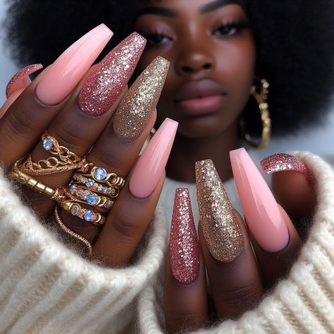 Dive into the Luxe Life with these Opulent Pink & Gold Nails – Unleash your inner diva with our latest nail art trend that’s all about bold colors and sparkling details. Perfect for summer soirées and glam nights out! Pink And Gold Almond Nails, Matt Nail Ideas, Trendy Baddie Nails, Pink Fall Nail Ideas, Burgundy Gel Nails, Rose Gold Nail Ideas, Pink Glam Nails, Burgundy And Gold Nails, Pink Gold Nails