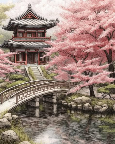 Garden Illustrations, Mindful Art, Japanese Temple, Garden Illustration, Grayscale Coloring Pages, Garden Drawing, Japanese Artwork, Asian Painting, Japanese Gardens