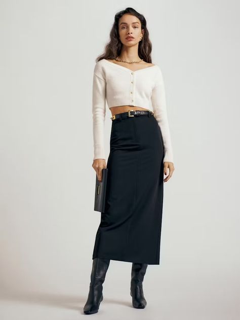 13 Graduation Guest Outfit Ideas To Wear To Someone Else’s Ceremony Thrift Outfit, Graduation Guest Outfit, Shoulder Cardigan, Twill Skirt, Work Fits, Ankle Length Skirt, French Girls, Cashmere Blend Sweater, Guest Outfit