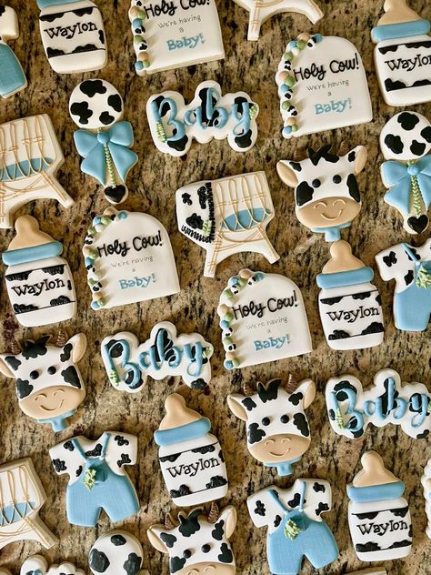 Boy Farm Baby Shower Ideas, Farm Baby Shower Cookies, Cow Baby Shower Cookies, Cowboy Baby Shower Cookies, Cowboy Party Invitations, Cowboy Baby Shower Theme, Cow Baby Shower Theme, Cow Baby Shower, Rodeo Birthday Parties