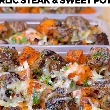 Jalal on Instagram: "High Protein Cheesy Garlic Steak & Sweet Potato Bites! ONLY 507 CALORIES!🥩🍟🔥 This combo is absolutely incredible, flavor packed & SO easy to make! Juicy steak bites paired with perfectly seasoned cheesy sweet potatoes🤌🏽🔥 Macros Per Serving (4 Total) 507 Calories | 51g Protein | 34g Carbs | 18g Fat Ingredients (4 servings) - 800g Topside Beef Steaks cut into cubes (one of the leanest cuts of beef) - 3-4 Garlic Cloves Minced or Garlic Powder - 2 tsp Salt - 2 tsp Black Pepper - 2 tsp Parsley - 2 tsp Olive Oil - 20g Light Butter (for cooking) - 800g Uncooked Sweet Potatoes cut into cubes - Season with 1 tsp Salt & Pepper - Parsley - Smoked Paprika - 2 Garlic Cloves Minced - Optional Olive Oil - 40g Light Cheddar Cheese (or any low fat cheese) - Garnish Fresh Parsley Garlic Steak And Crispy Sweet Potatoes, Garlic Steak And Sweet Potato Bites, Cheesy Garlic Steak And Sweet Potato Bites, High Protein Cheesy Garlic Steak & Crispy Sweet Potatoes, High Protein Cheesy Garlic Steak & Sweet Potato Bites, Steak And Sweet Potato Meal Prep, Cheesy Garlic Steak And Sweet Potatoes, Steak Sweet Potato Recipes, Steak And Sweet Potato Dinners