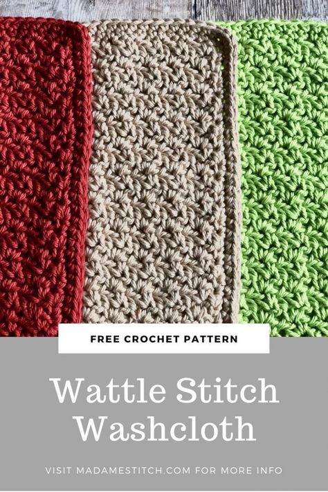 Wattle Stitch Crochet, Crochet Washcloth Free Pattern, Stitch Dictionary, Crochet Washcloth Free, Crochet Washcloths, Cotton Crochet Patterns, Crochet Washcloth Pattern, Scrap Yarn Crochet, Quick Crochet Projects