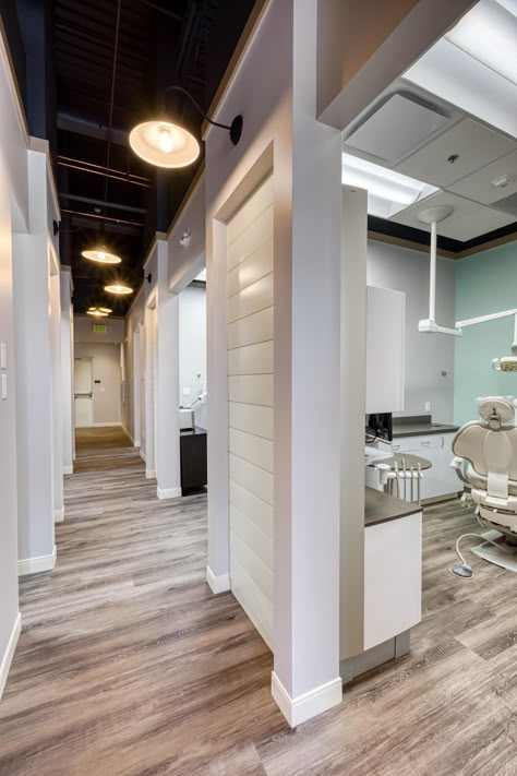 Medical Office Lighting, Med Spa Design, Orthodontic Office Design, Office Ceiling Design, Front Desk Reception, Ceiling Lighting Ideas, Orthodontic Office, Waiting Room Design, Dentist Office Design