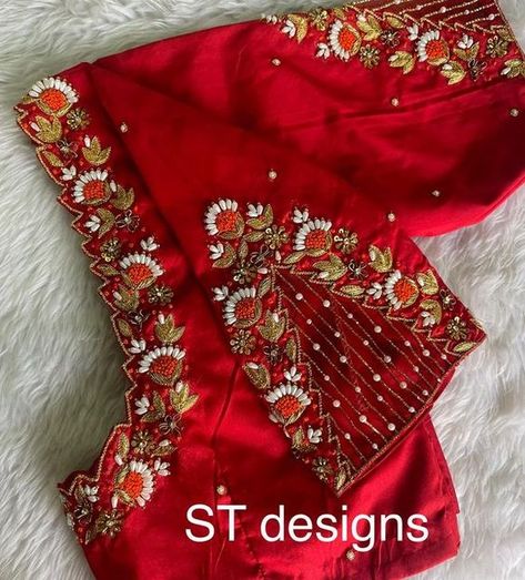 Magam Work On Red Blouse, Maggam Work With Net Cloth, Cross Lines Maggam Work Designs, Red Blouse Embroidery Designs, Red Aari Work Blouse Designs, Net Work Aari Blouse Designs, Red Blouse Aari Work Designs, Latest Embroidery Designs For Blouses, White Maggam Work Blouse