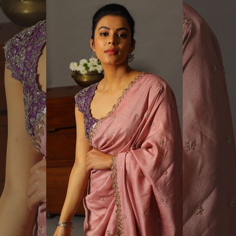 Onion Color Saree With Contrast Blouse, Onion Pink Bridal Saree, Onion Colour Saree With Contrast Blouse, Onion Pink Saree Contrast Blouse, Pink Saree Contrast Blouse, Onion Pink Saree, Saree Contrast Blouse, Saree Outfits, Simple Blouses