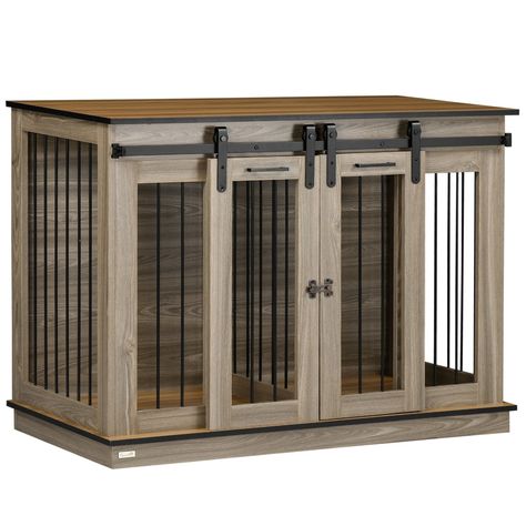 Built to provide two small rooms or a large room, this divided pet crate furniture becomes a big dog crate when the middle panel is removed. Our dog cage table brings you convenience and stability. You can use the surface of the PawHut dog crate for an easy-to-clean side table or a place to keep a small bookshelf. The two sliding doors of our table crate have a lock to keep curious or destructive pups off furniture while you're away, shielding animals from potentially hazardous situations. Dog Kennel End Table, Dog Crate End Table, Furniture Style Dog Crate, Dog Crate Table, Indoor Dog Kennel, Crate End Tables, Wooden Dog Kennels, Wooden Dog Crate, Crate Table