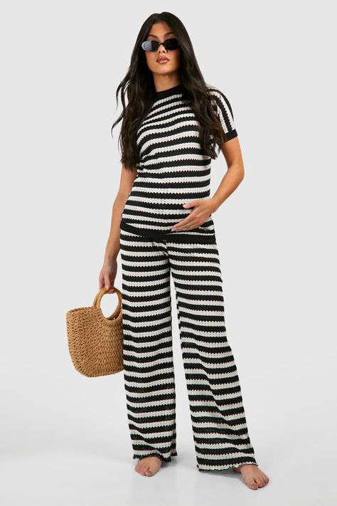 Womens Maternity Stripe Crochet Beachwear Set - Black - 4 - Looking for a chic and comfortable maternity set that you can wear together or separately? Look no further than this maternity two-piece set! Made from soft and stretchy fabric, this set is perfect for your growing bump. The top can be worn on its own with jeans or pants, or you can pair it with the matching piece for a cute and coordinated look. Whether you're heading to work, running errands or meeting up with friends, this 2 piece ma Crochet Beachwear, Maternity Two Piece, Stripe Crochet, Pregnancy Wardrobe, Chunky Trainers, Womens Maternity, Baby Mama, Co Ord Set, Shop Mens Clothing