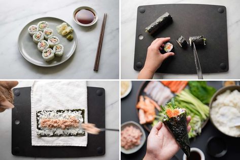 How To Roll Sushi 4 Ways (with or without a mat) - Hungry Huy How To Roll Sushi, Make Sushi At Home, Sushi Rice Recipes, Sushi Recipes Homemade, Sushi Mat, Spicy Tuna Roll, Make Sushi, Roll Sushi, Easy Sushi