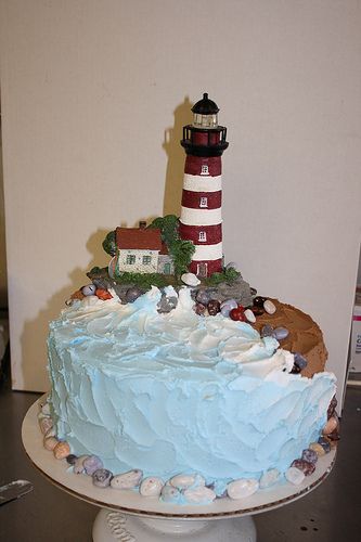 Lighthouse Birthday Cake by klcatering Lighthouse Cupcakes, Seaside Cake, Cruise Cake, Lighthouse Cake, Building Cake, Ocean Birthday Cakes, Nautical Cake, Pastor Appreciation, Beach Cakes