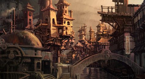 Cityscape Ville Steampunk, Steampunk Kunst, Steampunk Illustration, Steampunk City, Steampunk Artwork, Steampunk Aesthetic, Art Steampunk, Tall Buildings, Fantasy City