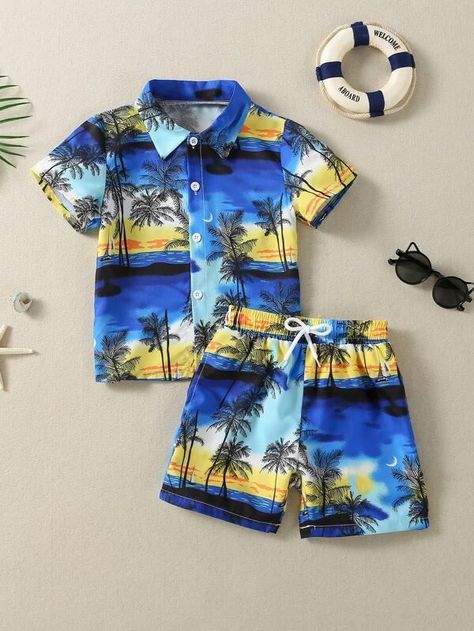 Toddler Boys Random Tropical Print Beach Shirt & Shorts | SHEIN USA Mens Fashion Dress Shirts, Boy Swimwear, African Kids Clothes, Lace Dress Classy, African Attire For Men, Dinner Dress Classy, Skirts For Kids, Kids Fashion Dress, Boys Shorts