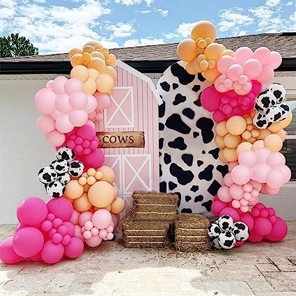 Themed Birthday Party, Balloon Arch, Balloon Garland, Farm Animals, Arch, Cow, Balloons, Birthday Party, Shower