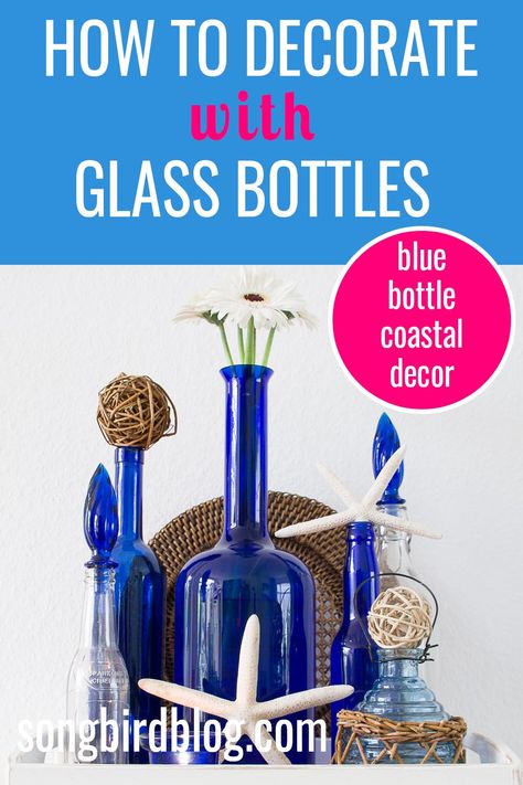 Coastal Wine Bottle Crafts, Blue Wine Bottle Crafts, Beer Bottle Decor, Coastal Table Decor, Glass Bottle Decor, Reuse Wine Bottles, Window Sill Decor, Blue Wine Bottles, Blue Glass Bottles