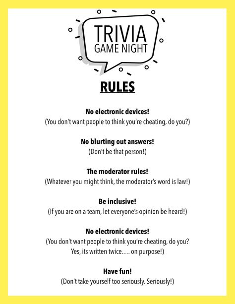 Trivia game Rules (8.5 x 11)  (PDF UNEDITABLE DOCUMENT) Trivia Night Rules, Trivia Themes Ideas, How To Run A Trivia Night, Trivia Decorations, Trivia Night Ideas, Trivia Night Decorations, Trivia Night Theme Ideas, Church Picnic Games, Trivia For Seniors