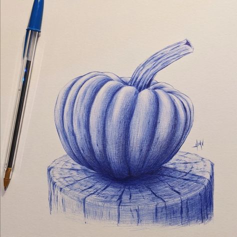 If you want to learn more about drawing in this style I made a video for you! #ballpointpen #ballpoint #bluepen #biro #pumpkin #inktober #trip Pen Drawing Tutorial, Drawing Of A Pumpkin, Pen Drawing Simple, Biro Drawing, Biro Art, Pen Projects, Ballpoint Pen Art, Pen Art Work, Ink Pen Art