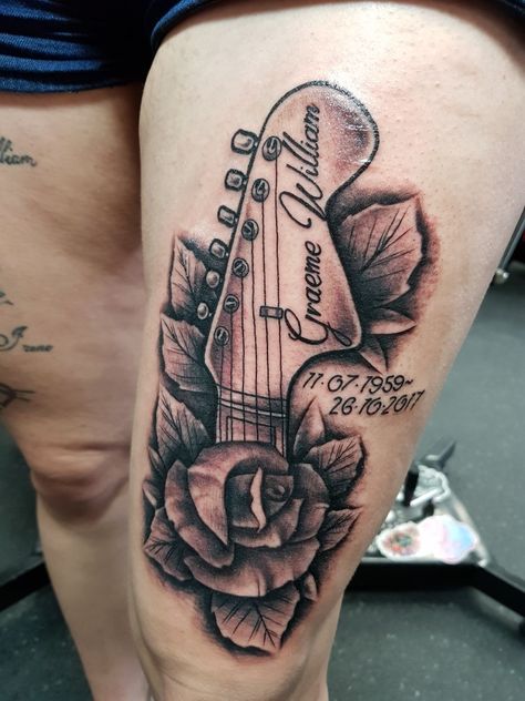 Guitar and rose tattoo by Cindy May..... Guitar Remembrance Tattoo, In Memory Guitar Tattoo, Guitar With Roses Tattoo, Guitar Rose Tattoo, Memorial Guitar Tattoo, Guitar And Roses Tattoo, Musician Memorial Tattoo, Guitar With Angel Wings Tattoo, Guitar Wings Tattoo