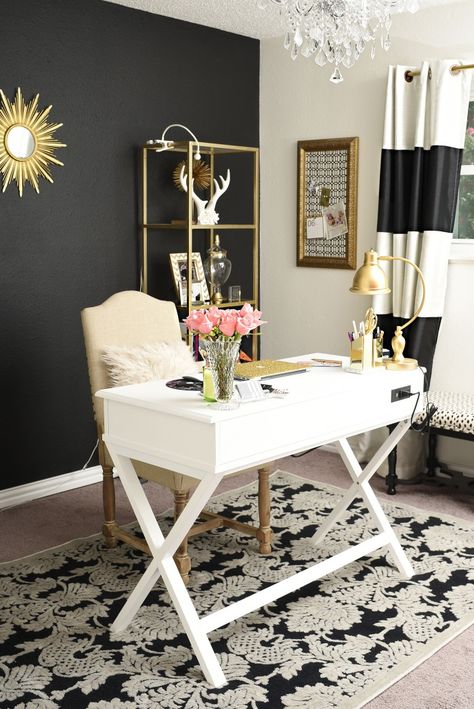 Feminine Home Office, White Office Decor, Gold Office Decor, Feminine Home, White And Gold Decor, Black And White Office, Feminine Home Offices, Gold Office, Work Office Decor