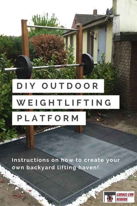 DIY Outdoor Weightlifting Platform and Rack | Garage Gym Reviews Weightlifting Platform, Outdoor Home Gym, Backyard Gym, Diy Gym Equipment, Workouts Outside, Crossfit Wods, Home Gym Garage, Lifting Platform, Diy Home Gym