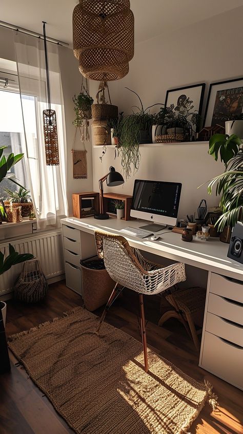 Boho Office Design Ideas, Chill Home Office, Earth Tone Office Decor, Earth Tone Office, Earthy Office, Home Yoga Room, Stylish Tips, Cozy Home Office, Desk Inspiration