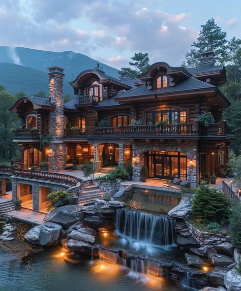 Rustic Mansion Exterior, Rustic Mansion, Cool Mansions, Before After Design, Luxury Outdoor Spaces, Lodge Aesthetic, Waterfront Mansion, Mansion Aesthetic, Mansion Exterior