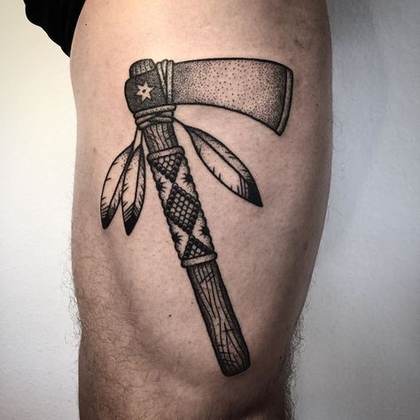 Big one for a first tattoo ! Thanks @fuini777 for the trust really enjoyed working with you ! #tomahawk #tattoo #bold #dotworktattoo #oldschooltattoo #traditionaltattoo #blackwork #blackworkerssubmission #blxckink #btattooing #tattoolife #blacktattoo #tttism #blacktoptattooing #tatouage #noir by shekenz Tomahawk Tattoo, Indian Tattoos, Native American Tattoo, Strength Tattoo, Aztec Warrior, Medusa Tattoo, Arm Band Tattoo, Indian Tattoo, Dagger Tattoo