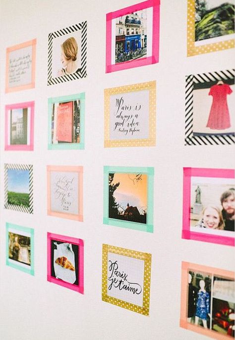 Hanging up pictures with washi tape! So much cuter Washi Tape Frame, Washi Tape Wall Art, Washi Tape Wall, Tape Wall Art, Welcome Home Parties, Tape Wall, Washi Tape Crafts, Washi Tape Diy, Tape Crafts