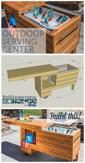 DIY Outdoor Serving Center | Free printable project plans at buildsomething.com | Take your outdoor entertaining up a notch with this rolling serving center. It holds a cooler plus offers shelf space for other items. The sliding top covers everything up when not in use, and it can still be used when open. Made from cedar, this project will serve you in style for years. Pallets Furniture, Wooden Cooler, Bar Deco, Diy Cooler, Patio Cooler, Diy Outdoor Bar, Outdoor Cooler, Woodworking Project Plans, Outdoor Diy Projects