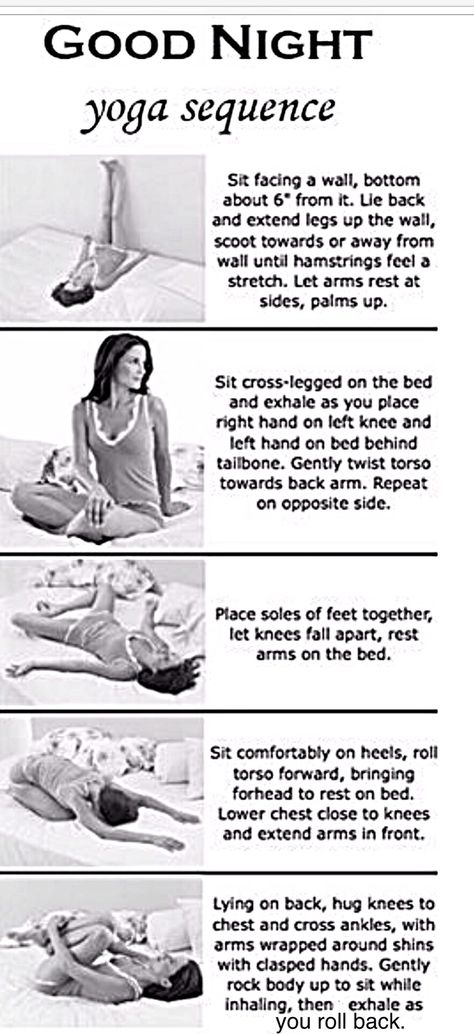 Good Night Yoga Part 3. Hold each pose for 30 seconds to a minute, except the legs up the wall pose.  Hold the wall pose one time, for 5-15 minutes. Good Night Yoga, Legs Up The Wall Pose, Stretching Exercises For Flexibility, Night Yoga, Energizing Yoga, Legs Up The Wall, Bikram Yoga, Restorative Yoga, Ashtanga Yoga