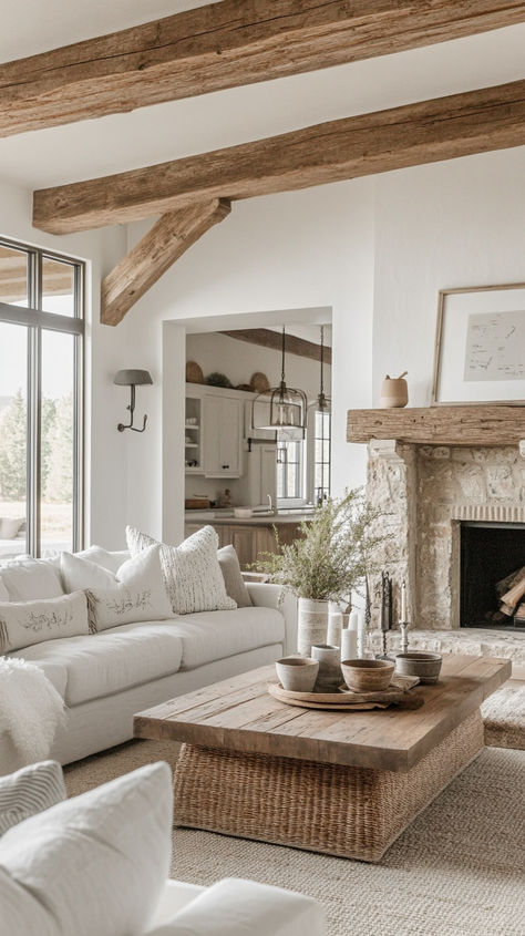 Shop The Style Farmhouse Old Interior, Bright Rustic Living Room, Spanish Farmhouse Living Room, Cream Farmhouse, Rustic Farmhouse Aesthetic, Earthy Farmhouse Living Room, Farmhouse Vibes, Modern Rustic Living Room Ideas, Timeless Home