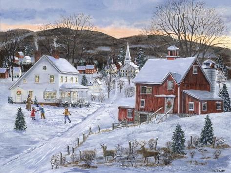 size: 12x9in Giclee Print: Christmas Presence by Bob Fair : Christmas Landscape Painting, Vintage Christmas Prints, Americana Art, Christmas Landscape, Cow Wall Art, Red Art Print, Cow Art, Hereford, Red Barns