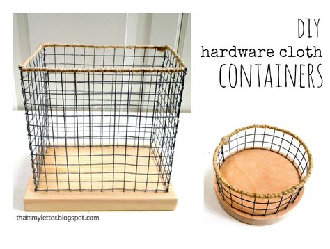 Craft: hardware cloth containers I finally found a solution for all those leftover small scrap pieces of hardware cloth. And even better I was able to mix hardware cloth, wire, wood and jute string all in one project! The wood base keep the shape form solid and provides weight and stability. Here’s how to make... Read more Diy Wire Basket, Chicken Wire Crafts, Basket Diy, Wire Craft, Hardware Cloth, Wire Diy, Basket Case, Wood Scraps, Diy Basket