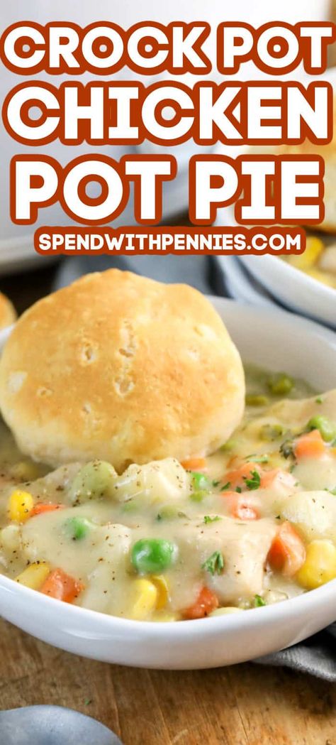 Crock pot chicken pot pie is an easy and tasty recipe to prepare before work. Just too all ingredients in the crockpot and let it simmer away. Top the chicken pot pie filling with biscuits or crescent rolls and serve!  #spendwithpennies #chickenpotpie #crockpotchickenpotpie #crockpot #slowcooker #maindish #chickenrecipe Chicken Pot Pie With Biscuits, Pot Pie With Biscuits, Crockpot Chicken Pot Pie, Chicken Pot Pie Filling, Chicken Noodle Soup Crock Pot, Pot Pie Filling, Crock Pot Chicken, Spend With Pennies, Pot Pies Recipes